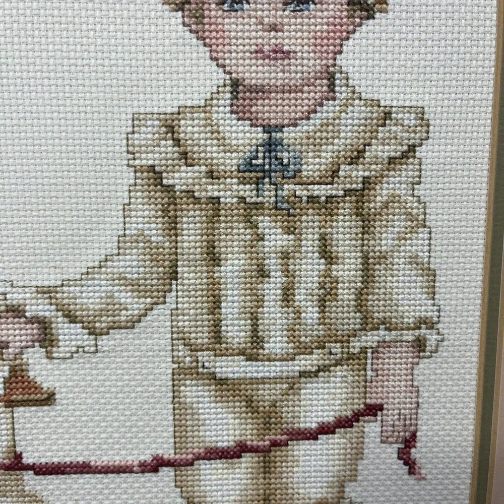 Vintage Finished Cross Stitch English Victorian Boy w/ Duck 1989 16x12